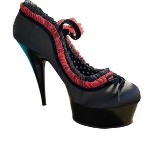 Pleaser Delight Black Satin w/Lace Trim Mary Jane Stilettos Size 14